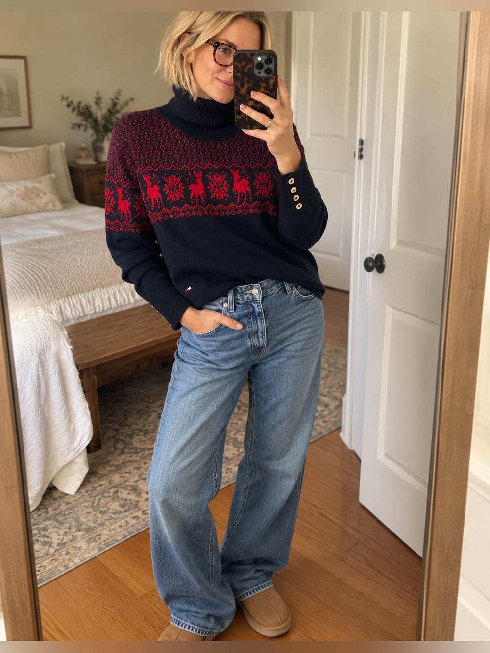 Tommy Hilfiger Navy Red Reindeer Fair Isle Turtleneck Sweater 100% Cotton Large